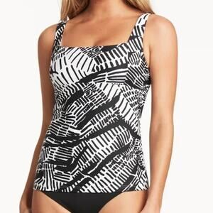 Sea Level Swim Tankini Top Womens 8 Black White Pampas Square Neck Multifit Cup